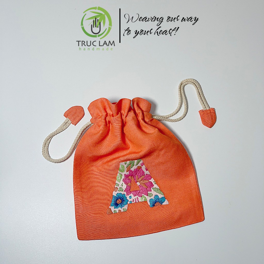 Túi Dây Rút Thêu Tay Họa Tiết Chữ Cái A Phối Hoa Văn Nhiều Màu Sắc - Trúc Lâm Handmade