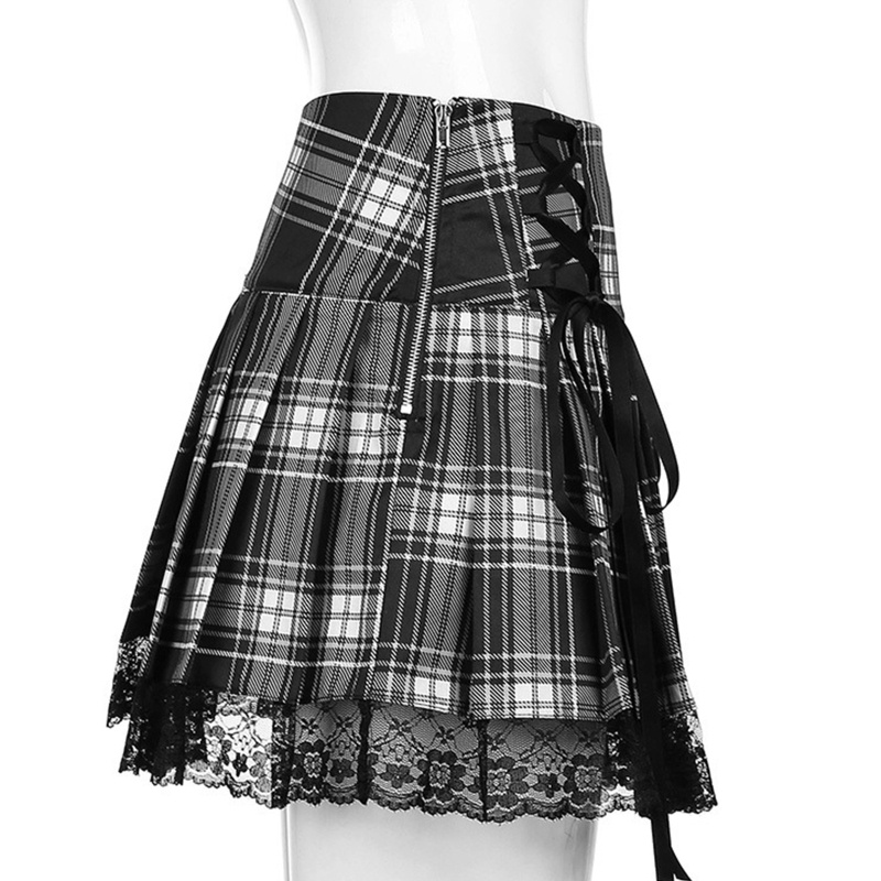 Chân váy ngắn phối ren lưng cao họa tiết caro tinh tế phong cách Gothic thời trang cho nữ