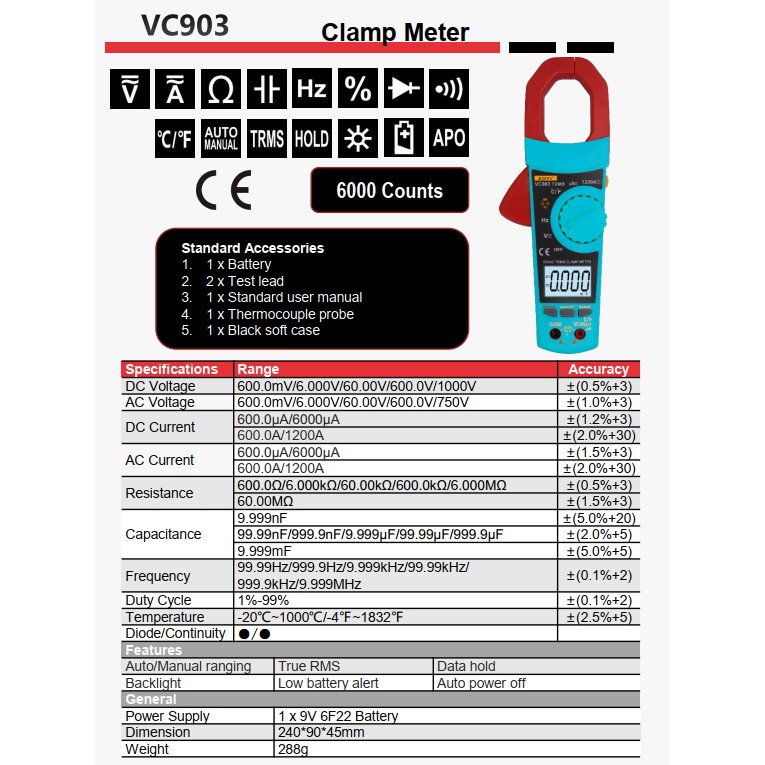 Đồng Hồ Ampe Kìm Vạn Năng Chất Lượng Cao Zoyi VC903 Đo AC/DC 1200 Hàng Chính Hãng - Bảo Hành 12 Tháng