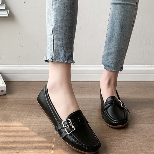 Giày mọi nữ da mềm đế cao su cao 1.5cm màu nâu trắng đen