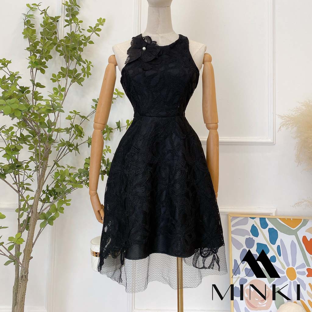 ĐẦM REN SÁT NÁCH KÈM HOA 4 MÀU - CHẤT REN CAO CẤP - MÀU CAM /  TRẮNG / ĐEN / NUDE