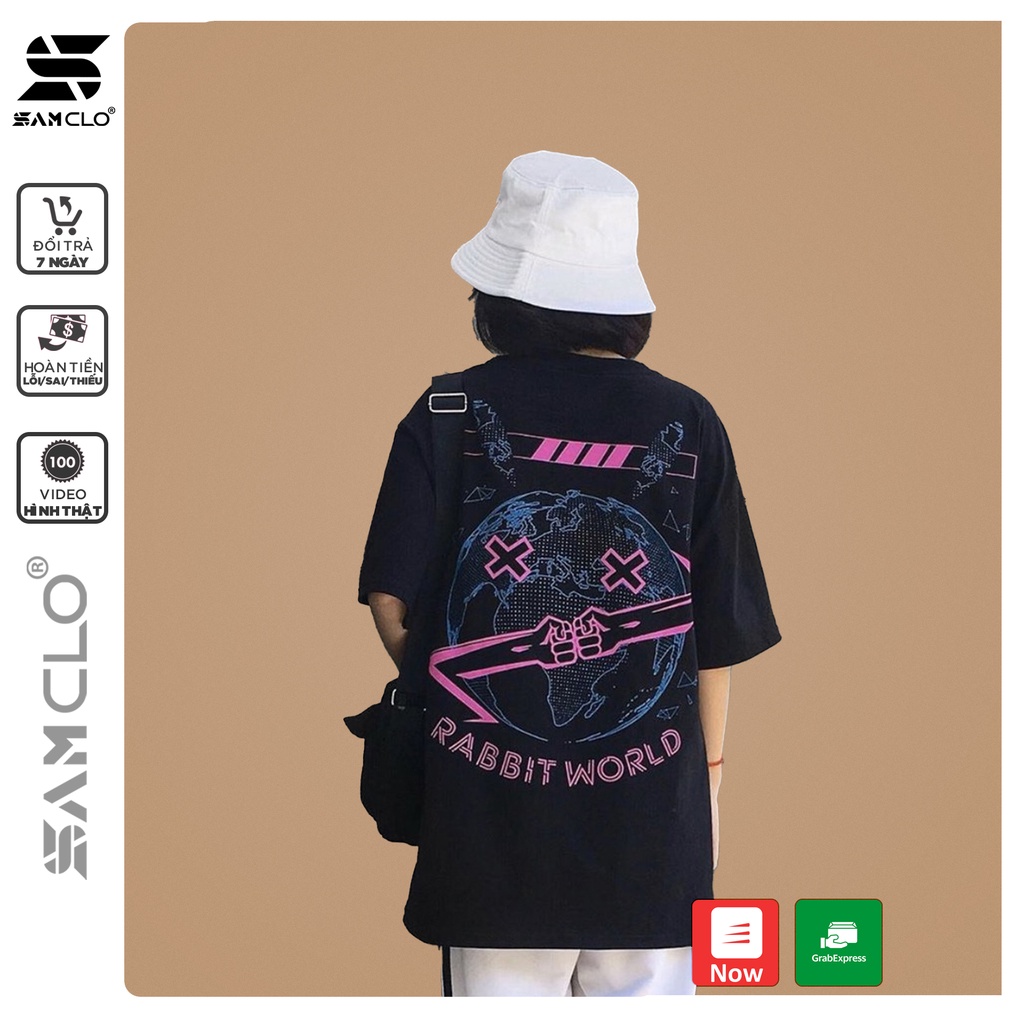 Áo thun tay lỡ freesize nữ phông form rộng Unisex, mặc cặp, lớp, nhóm hình thỏ RABBIT world WONDERLAND địa cầu màu đen