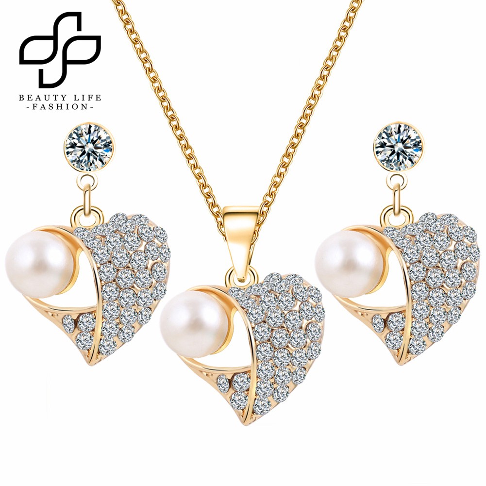 Bộ Dây Chuyền + Bông Tai Đính Đá / Ngọc Trai Giả Sang Trọng