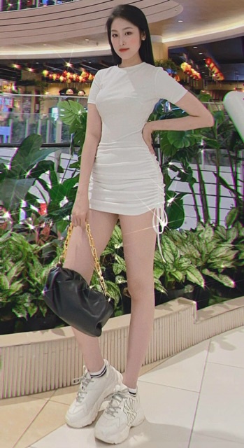 Đầm body basic tay ngắn rút dây hông tôn dáng