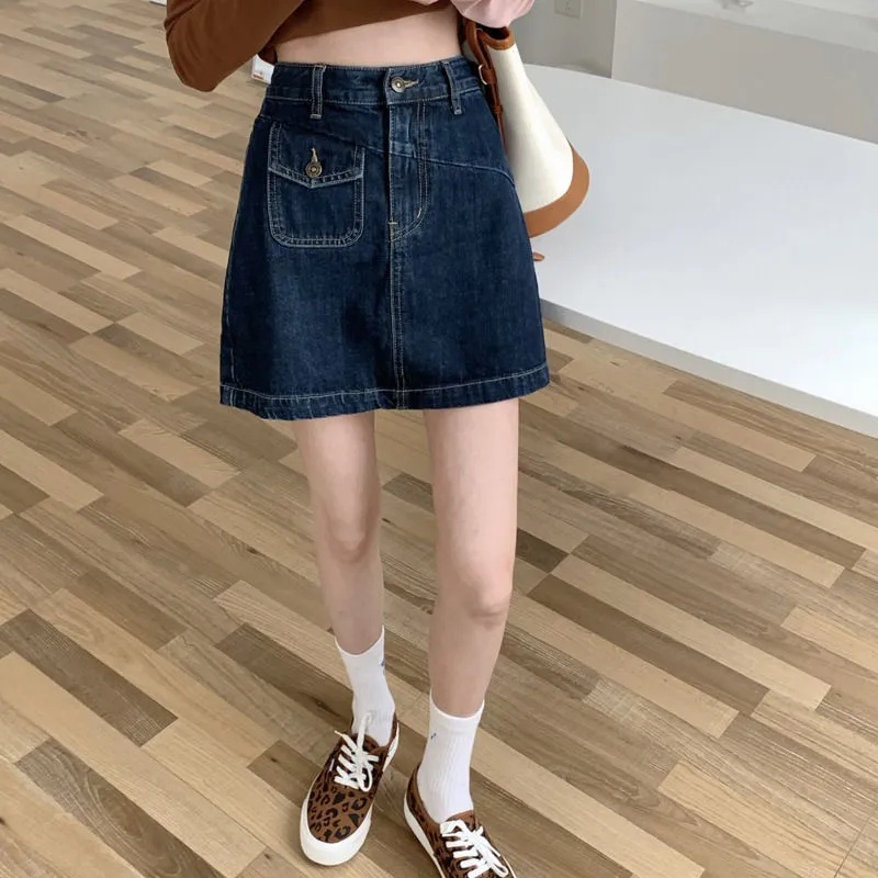 Chân váy jeans dáng chữ A lưng cao kiểu dáng thời trang mùa xuân phong cách retro dành cho nữ 2021