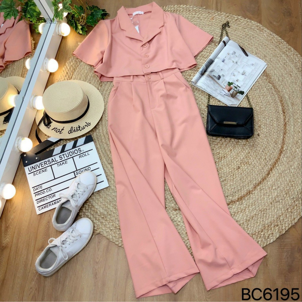 Set áo croptop cổ vest quần dài ống rộng cao cấp Thoitranghd