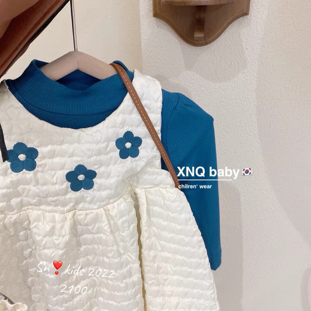 Váy thu đông cho bé gái, set váy xốp thêu 3 bông hoa kèm áo zip xanh chất siêu đẹp cho bé