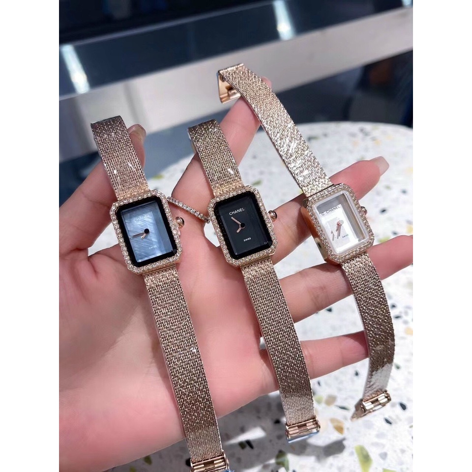 Đồng Hồ Nữ Chanel Đính Đá Mặt Vuông Kim Loại Cao Cấp
