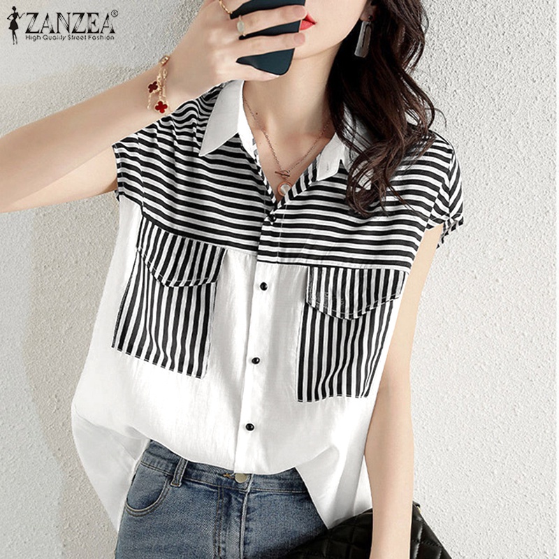 Zanzea Áo Sơ Mi Tay Dài Kẻ Sọc Có Túi Trước Thời Trang Cho Nữ