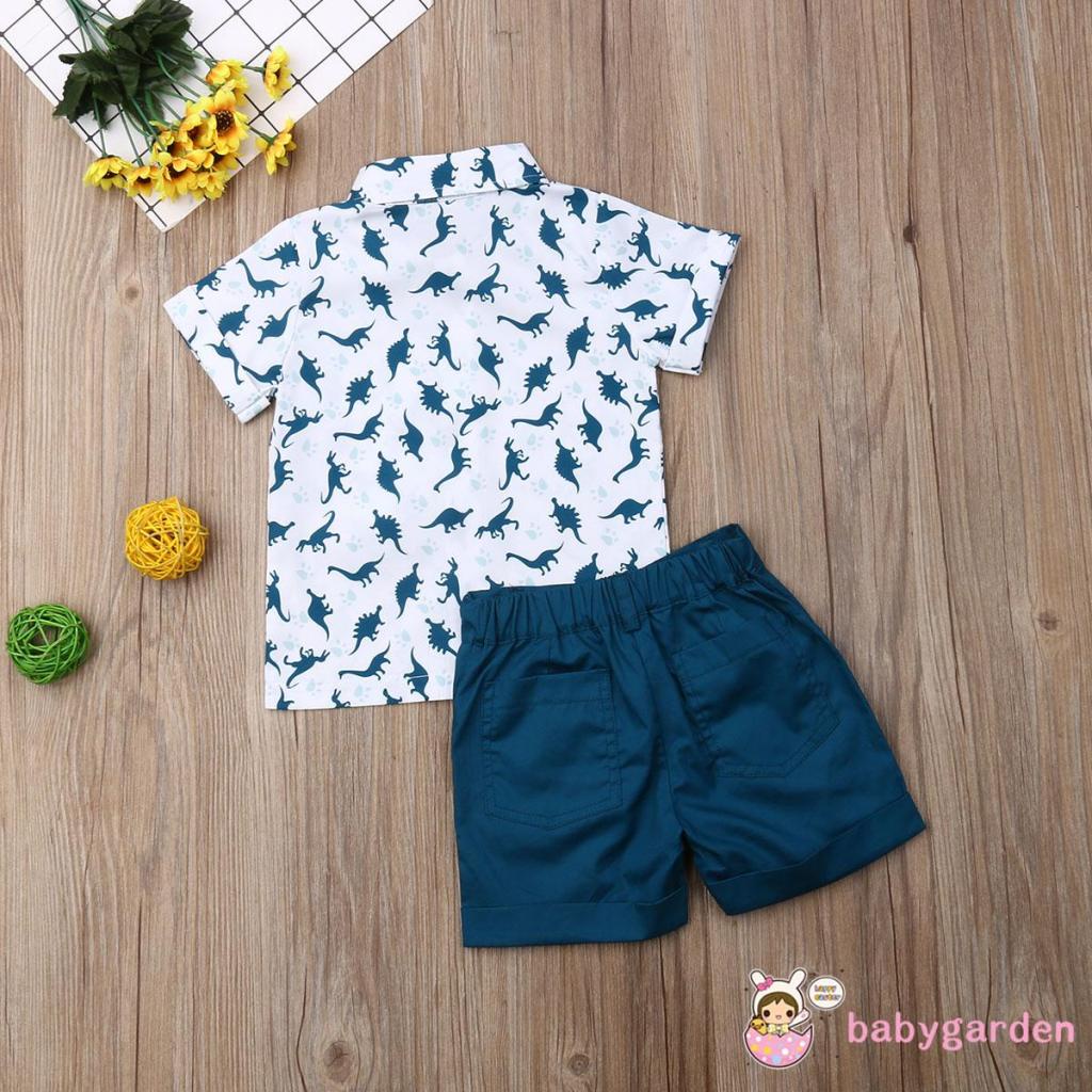 Bộ Áo Thun Tay Ngắn Cổ Bẻ In Hình Khủng Long + Quần Ngắn Màu Trơn Thời Trang Mùa Hè Cho Bé Trai 1-6 Tuổi