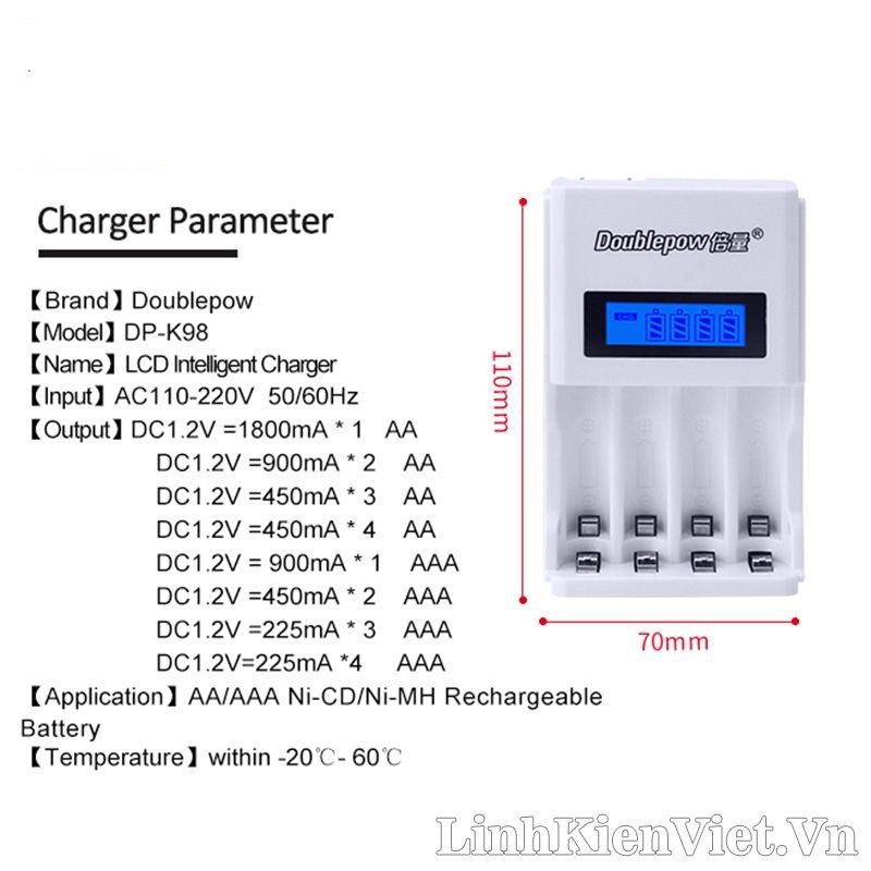 Bộ sạc pin đa năng tốc độ cao thông minh tự ngắt, màn hình LCD báo dung lượng Doublepow DP-K98