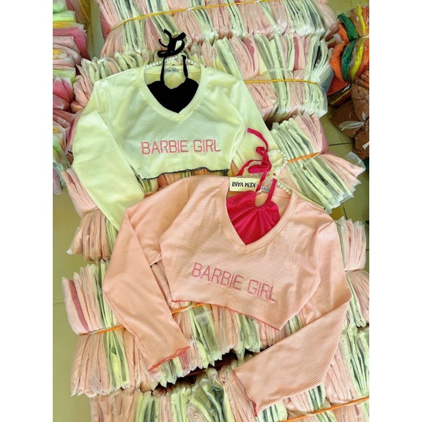 Set 2 Món Barbie Girl Cổ Yếm Cột Dây Và Áo Lửng Tay Dài Cổ V Form Rộng - Tiểu Thư Bánh Bèo Cute Sexy alohashop91