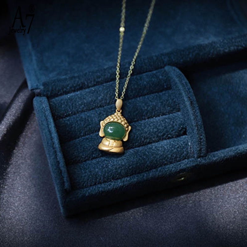 Vòng cổ Mạ Bạc 925 Mặt Hình Phật Đính Ngọc Bích Thời Trang Cho Nữ