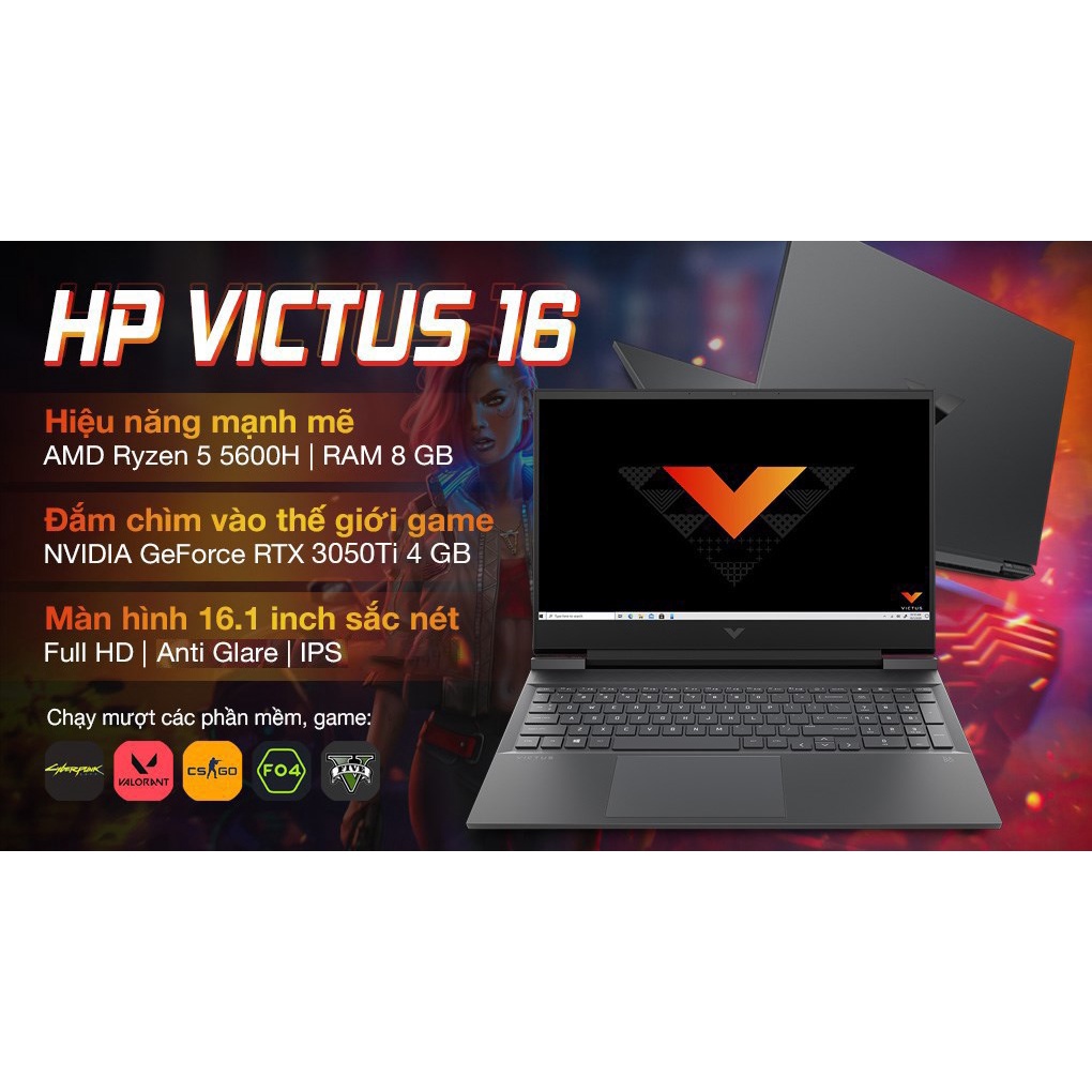 Laptop Gaming HP VICTUS 16 e0179AX R5 5600H/8GB/512GB/4GB RTX3050Ti/16.1"F/144Hz/Win11//Đen - Hàng chính hãng