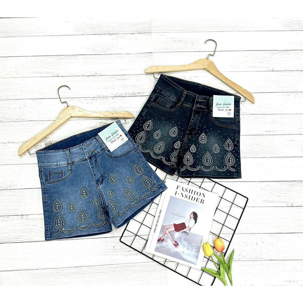 Quần sọt jean nữ lưng cao 2 nút vải co giãn mạnh thêu giọt nước