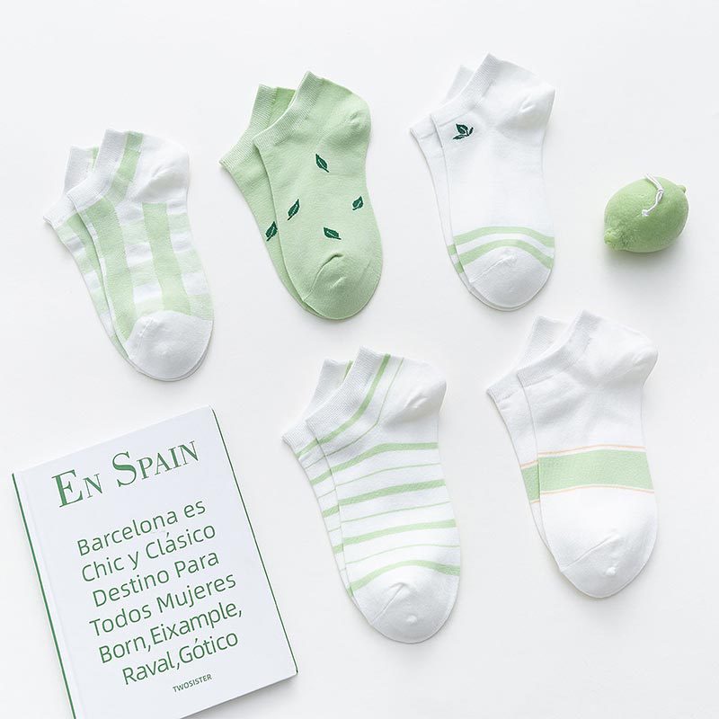 Tất nữ cổ ngắn METAT, set 5 vớ nữ cổ ngắn họa tiết lá xanh cute dễ thương phong cách Hàn Quốc T55
