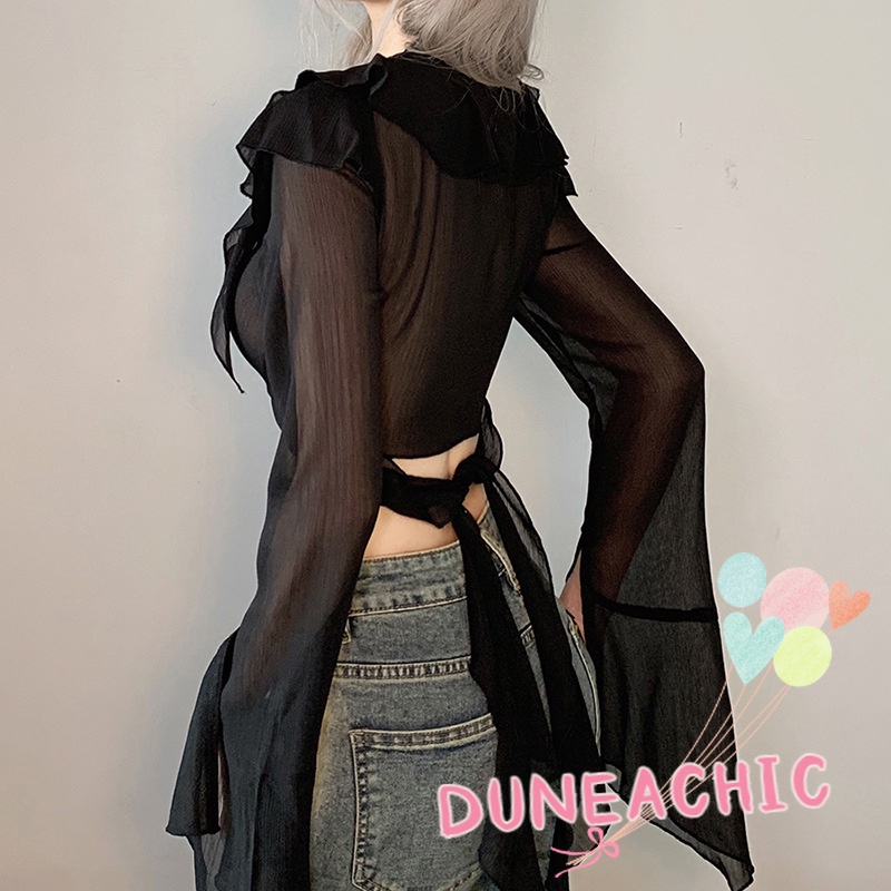 DUNEA Áo Croptop Tay Dài Phối Lưới Phong Cách Quyến Rũ Cho Nữ