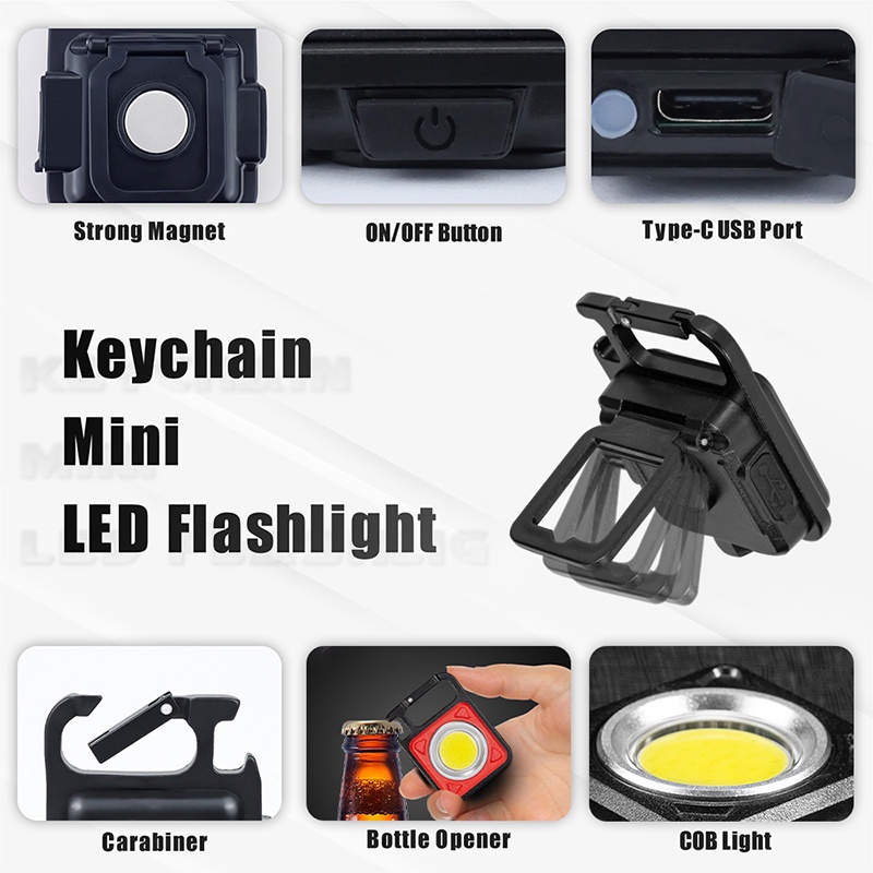 Đèn led mini COB 800 Lumens - Đèn pin siêu sáng có móc khóa đa năng chống nước, sạc usb tiện dụng