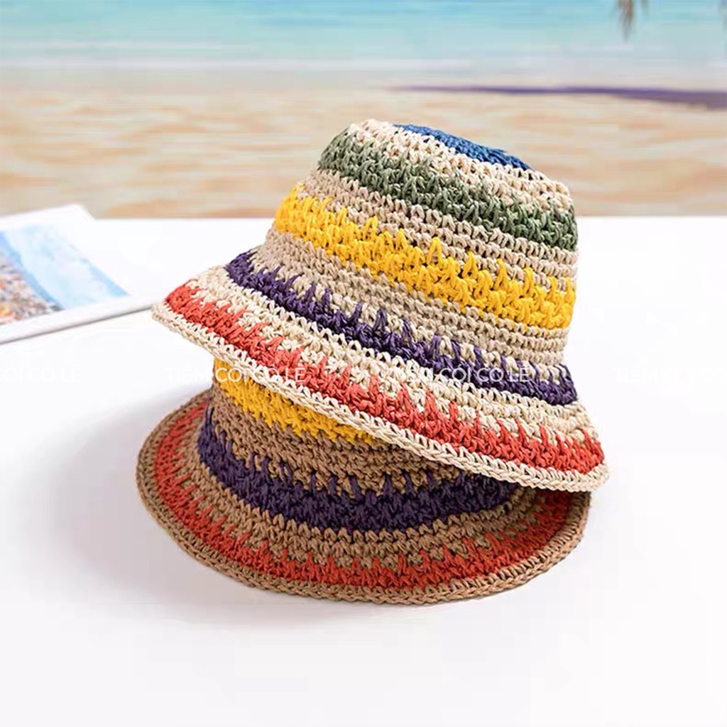 Nón cói cầu vồng, mũ tai bèo gấp gọn xinh xắn, phụ kiện đi biển, chụp ảnh - Tiệm Cói Cô Lê