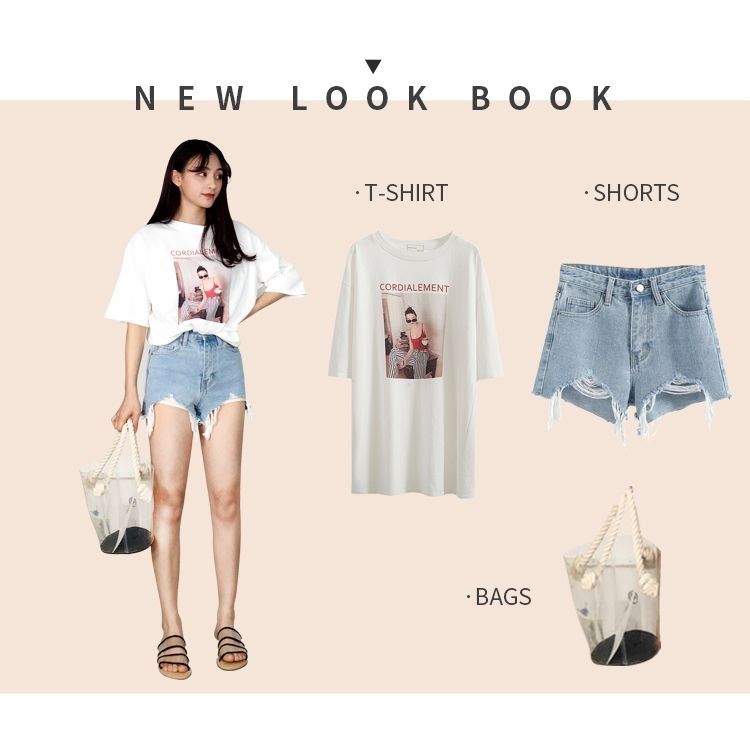 IELGY   Quần Short denim Cạp Cao Rách Của Phụ Nữ