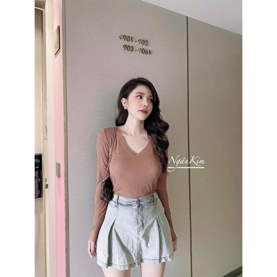 Áo Thun Tăm Giấy V-NECK Nữ [FREESHIP] 🌸 Phông cổ tim dài tay body dáng ôm màu Đen | Trắng | Hồng | Nâu Ulzzang HOT 🌸 | BigBuy360 - bigbuy360.vn