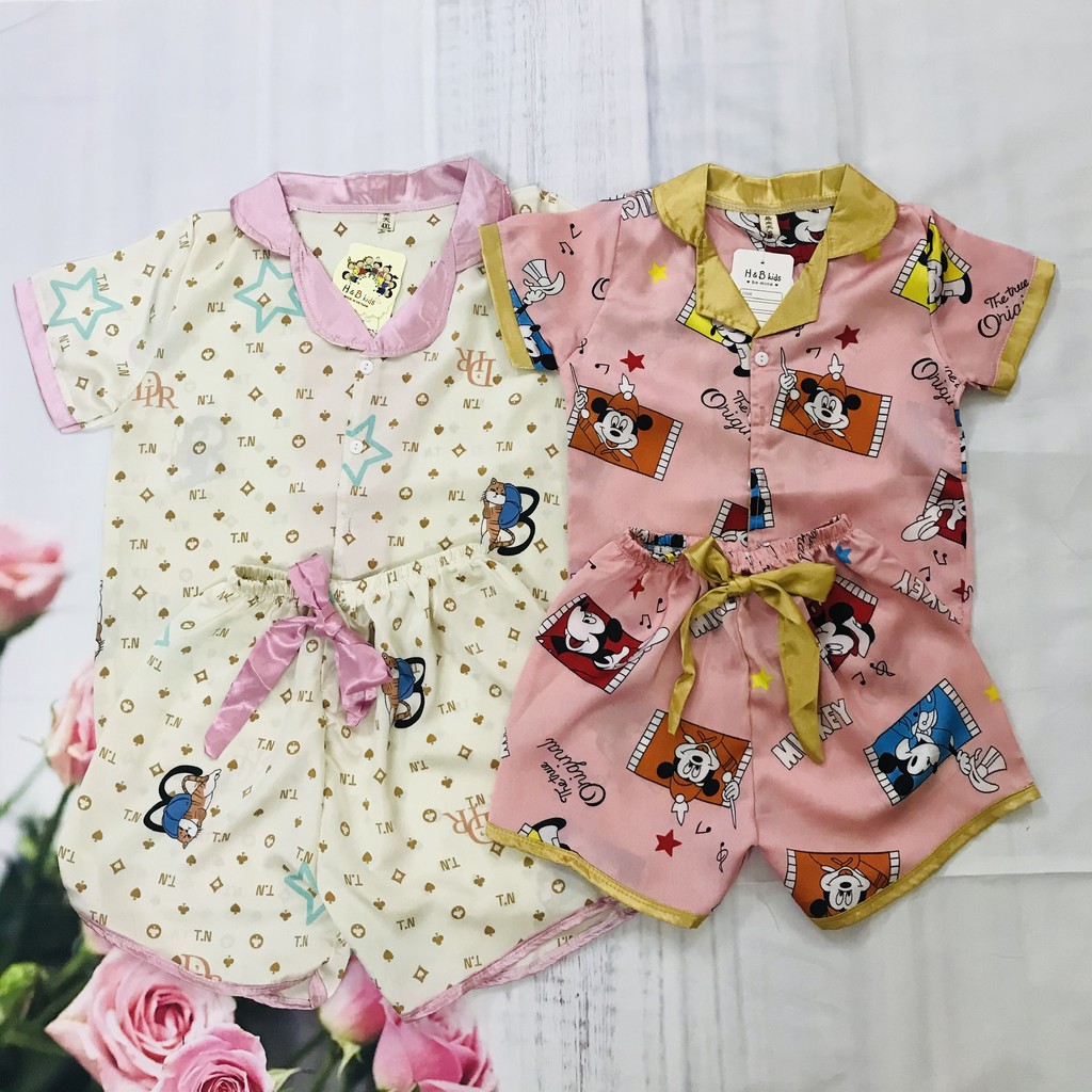 Bộ ngủ pijama lụa satin cộc tay cho bé gái size 14kg-28kg