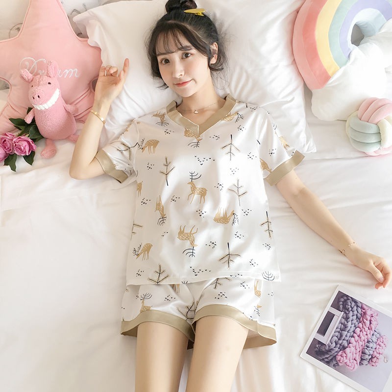 Bộ Đồ Ngủ Pijama Ngắn Tay Vải Lụa Phong Cách Hàn Quốc Cho Nữ