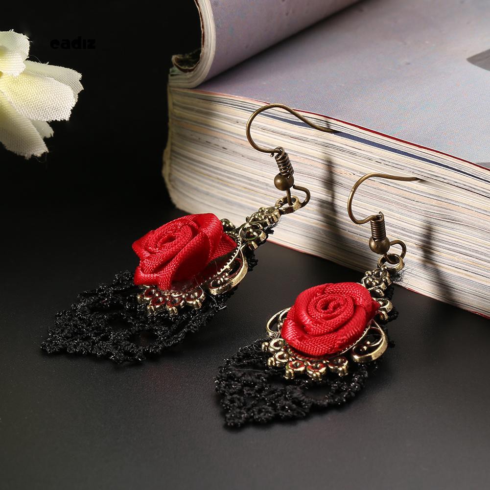Khuyên tai hoa hồng phối ren vintage cho nữ