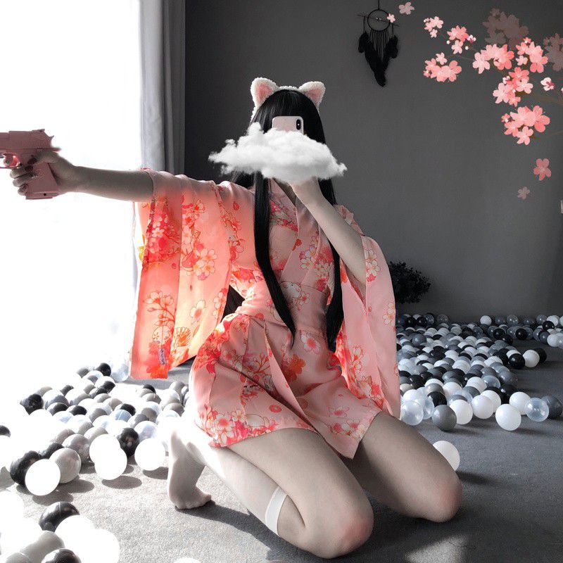 Áo choàng ngủ hóa trang kimono - cosplay sexy phong cách geisha cổ trang Nhật Bản màu hồng