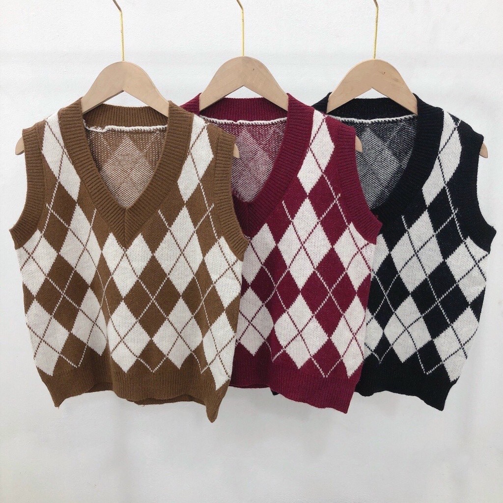 Áo gile len nữ chất dày dặn họa tiết kẻ caro phong cách Ulzzang - 4Basic Len05