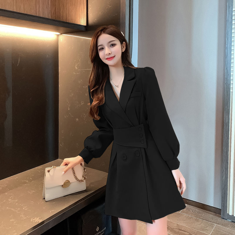 Đầm cổ vest tay dài sang trọng thanh lịch hợp thời trang Hàn Quốc màu kaki/ đen
