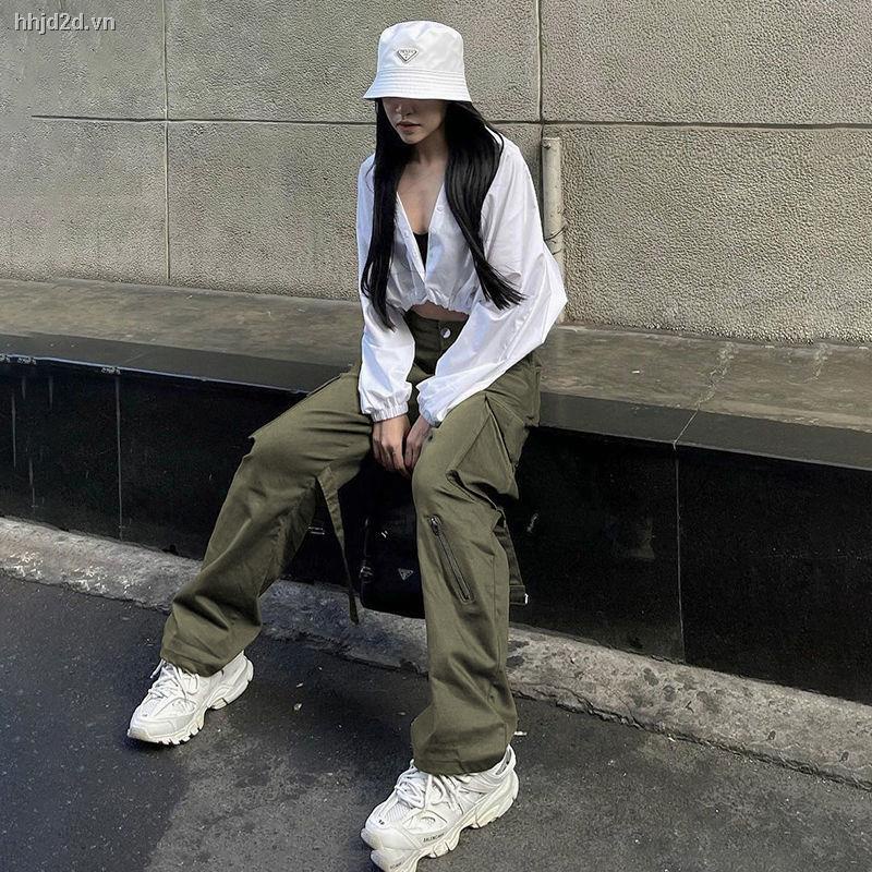 Quần Dài Dáng Rộng Phối Khóa Kéo Phong Cách Retro Mỹ Cá Tính Dành Cho Nữ