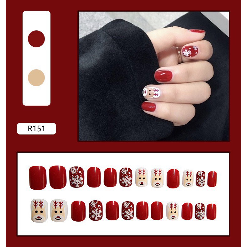TẶNG KEO DÁN] Set 24 móng tay giả họa tiết giáng sinh cute (R151)