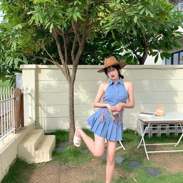 Jiashucheng Bộ Áo Váy Xếp Ly Eo Cao Buộc Dây Dáng Chữ a Nhỏ Phong Cách Mới Cho Nữ