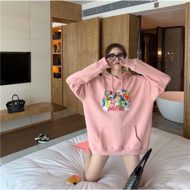 Áo hoodie hồng uzzlang