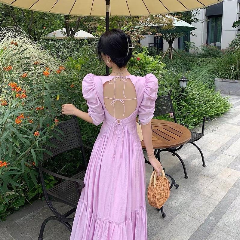 Váy Maxi Hở Lưng Đuôi Cá Công Chúa Cổ Tích Màu Tím Boho Style Vintage Đi Biển Hè 2022 -LKH8c