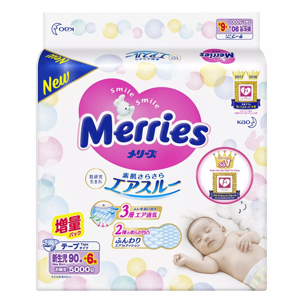 (Cộng Miếng-Jumbo) Bỉm dán Merries size Newborn 90+6 miếng nội địa Nhật
