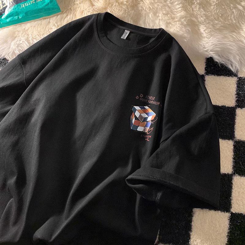 Áo Thun Tay Ngắn Form Rộng Mềm Mại Thoải Mái In Hình Rubik Cho Nam