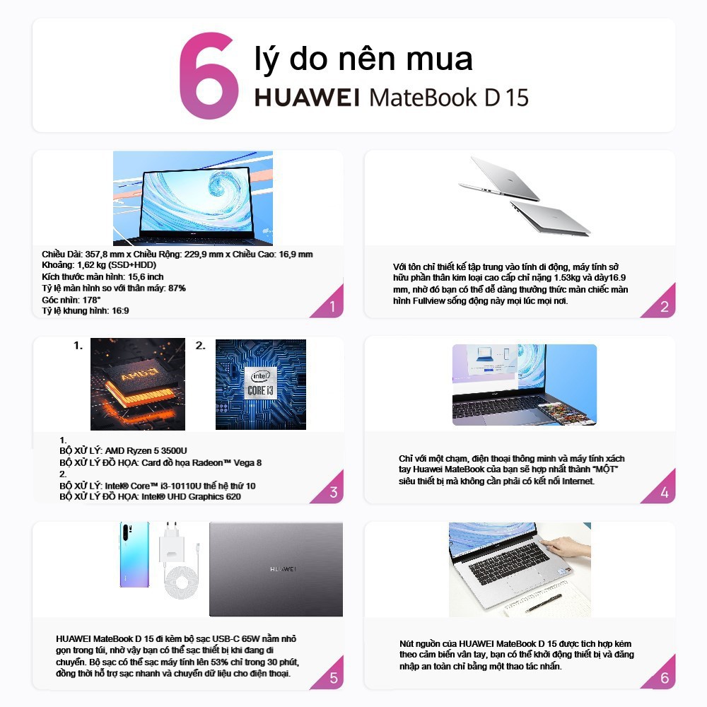 [Mã ELMALL1TR5 giảm 8% đơn 5TR] Laptop Huawei Matebook D15/Silver/15.6&quot;HD Fullview/i310110U/8GB RAM/256SSD