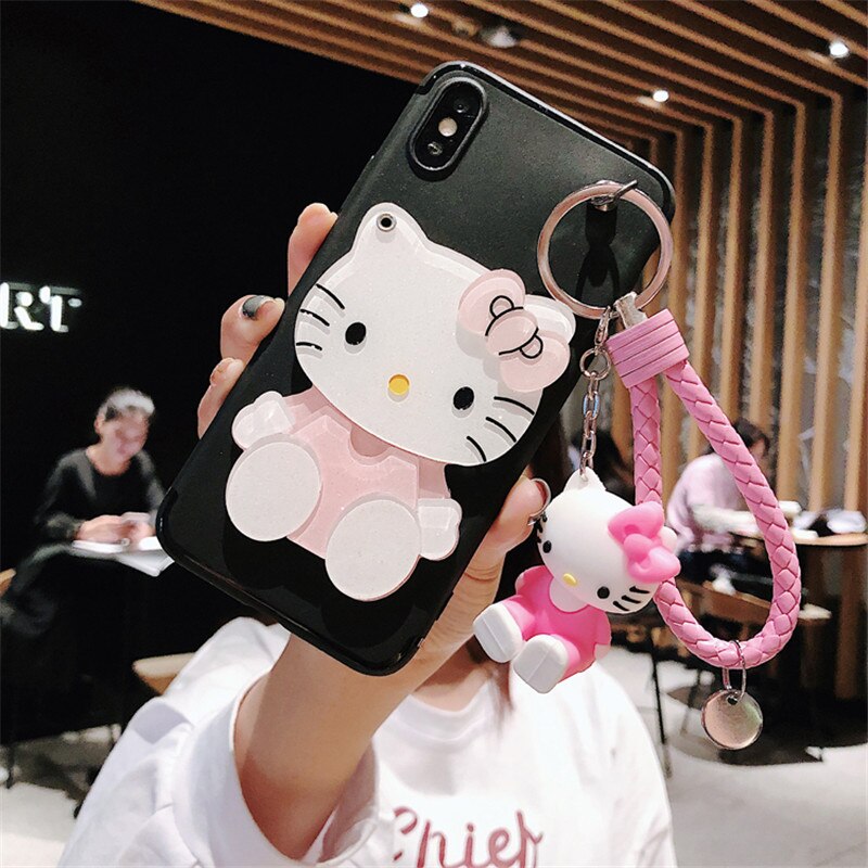 Ốp Điện Thoại Gắn Gương Hình Mèo Hello Kitty 3d + Dây Đeo Cho Iphone 12 Mini 11 Pro Xs Max X Xr 7 8 6 6s Plus Se Đứng