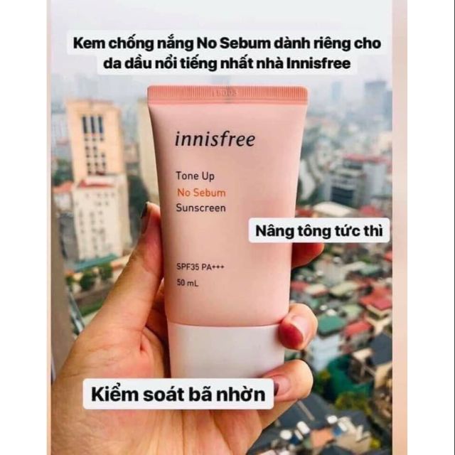 Kem chống nắng innisfree tone up no sebum hồng nâng tông, kiềm dầu