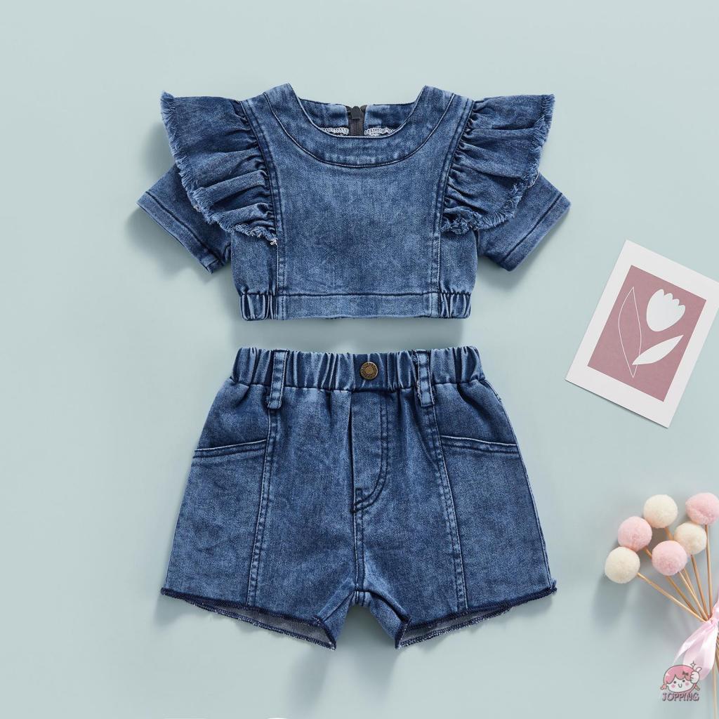 Set áo croptop tay cánh tiên + quần short denim lưng thun thời trang cho bé gái