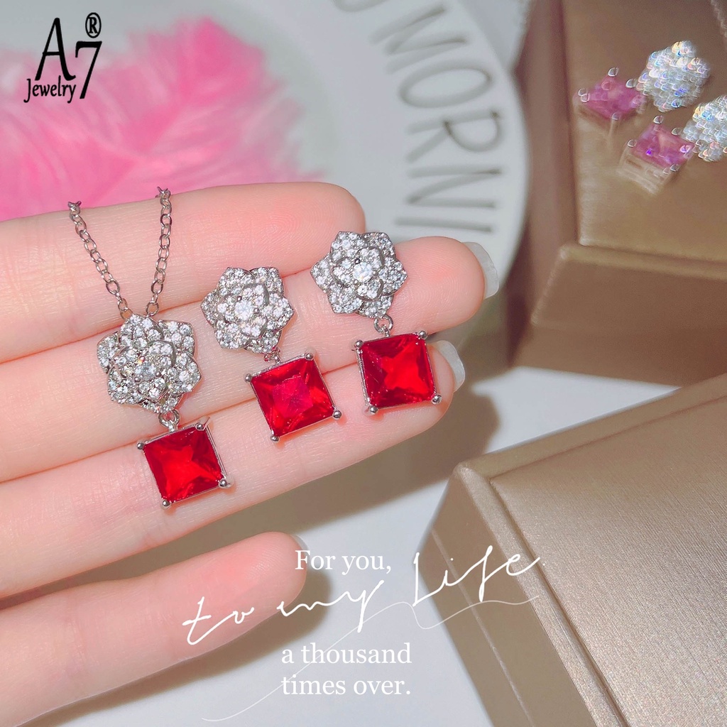 Bộ Vòng cổ Và Bông Tai Đính Đá Zircon A7 Hình Hoa Hồng