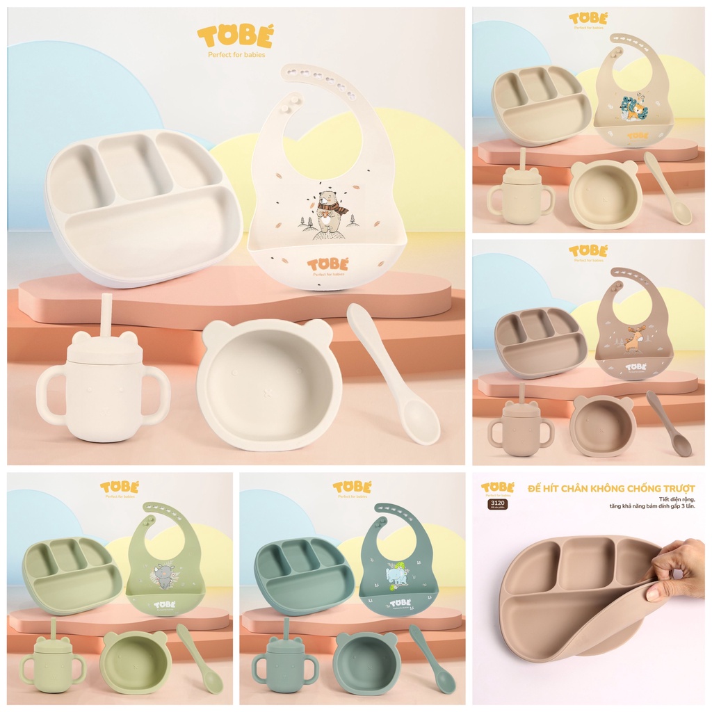 Bộ dụng cụ ăn dặm ToBé Eco Silicone 5 chi tiết đa năng tiện lợi cho bé