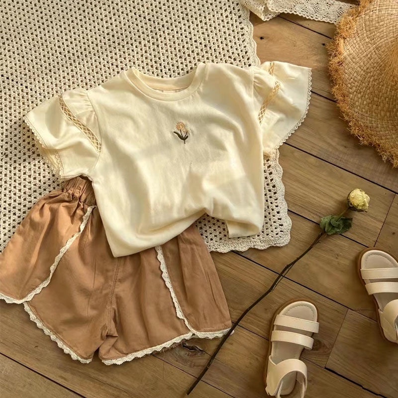 Set Đồ Mùa Hè 5 Món Gồm Áo Tay Cộc Và Quần Ngắn Thêu Họa Tiết Phong Cách Hàn Quốc Hợp Thời Trang Cho Bé Gái