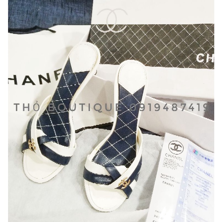 Guốc/dép sandal cao gót Cha.nel xuất Âu xịn da mềm quai nơ sọc chéo xanh dương phối trắng 5cm size 36