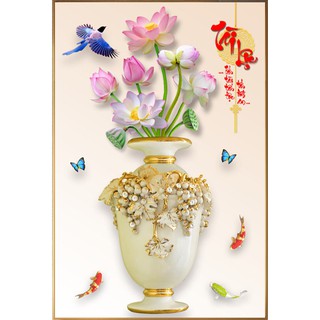 Tranh decal dán tường Bình hoa Sen hồng Tài Lộc tuyệt đẹp chất liệu PP kim sa BK_0152 nhiều kích thước