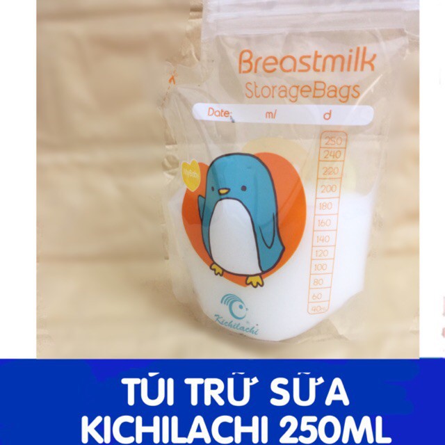 Túi trữ sữa Kichilachi 250ml, Túi đựng sữa mẹ an toàn cho bé, 2 khóa Ziper, Có vòi rót (Hộp 50 Túi)