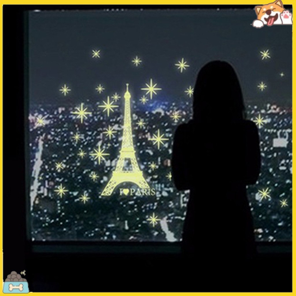 Hình dán tường dạ quang thiết kế tháp Eiffel I love Paris và ngôi sao 3D trang trí đẹp mắt