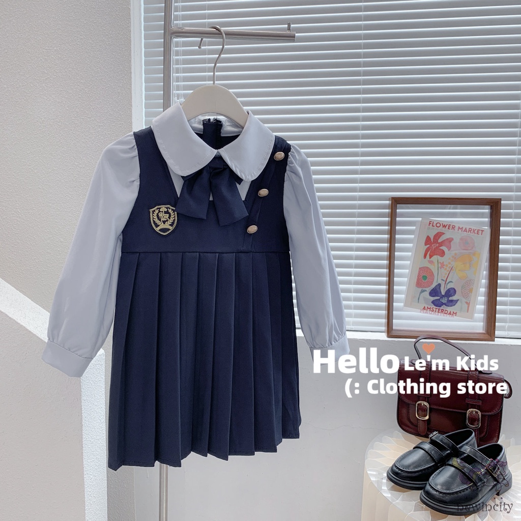 Bộ Áo Sơ Mi Đính Nơ + Chân Váy Xếp Ly Phong Cách Hàn Quốc Thời Trang Mùa Thu Cho Bé Gái